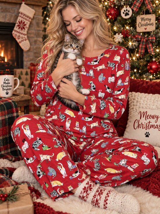 Sleep Sense Other - Sleep Sense Dillard's NWT L Christmas Cat Pajama Set Holiday Cat Lover Knit PJs